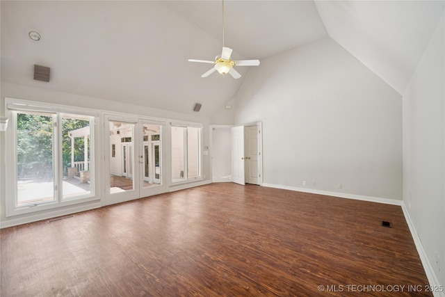 3437 E 96th Pl, Tulsa, OK 74137 - unfurnished living room with a ceiling fan, wood finished floors, and high vaulted ceiling