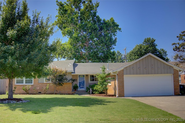 4424 E 59th Pl S, Tulsa, OK 74135 - view of front of house featuring board and batten siding, an attached garage, concrete driveway, a front yard, and brick siding