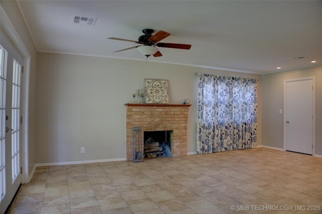 4424 E 59th Pl S, Tulsa, OK 74135 - unfurnished living room with a ceiling fan, a brick fireplace, healthy amount of natural light, recessed lighting, and crown molding