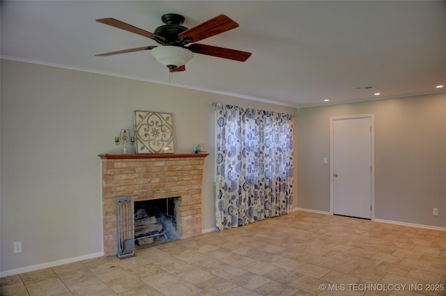 4424 E 59th Pl S, Tulsa, OK 74135 - living area with ceiling fan, a fireplace, recessed lighting, crown molding, and stone finish floors