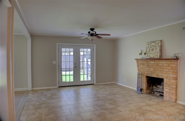 4424 E 59th Pl S, Tulsa, OK 74135 - unfurnished living room with ceiling fan, a brick fireplace, french doors, and crown molding