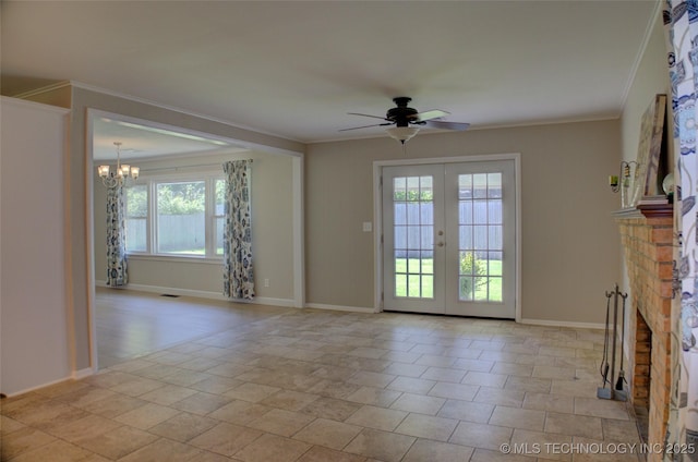 4424 E 59th Pl S, Tulsa, OK 74135 - unfurnished living room with plenty of natural light, ceiling fan, a chandelier, french doors, and crown molding