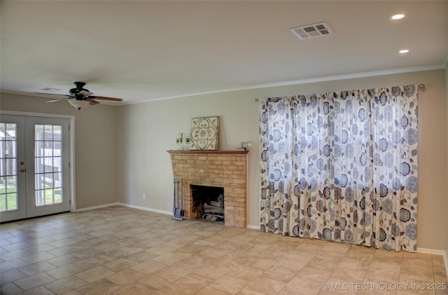 4424 E 59th Pl S, Tulsa, OK 74135 - unfurnished living room featuring french doors, ceiling fan, crown molding, a fireplace, and recessed lighting