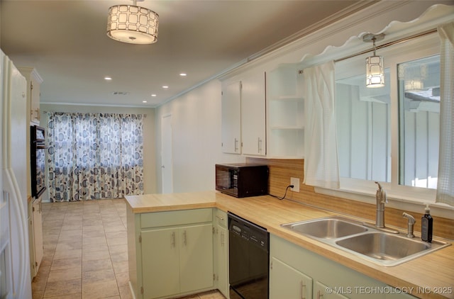 4424 E 59th Pl S, Tulsa, OK 74135 - kitchen featuring black appliances, open shelves, a peninsula, hanging light fixtures, and recessed lighting