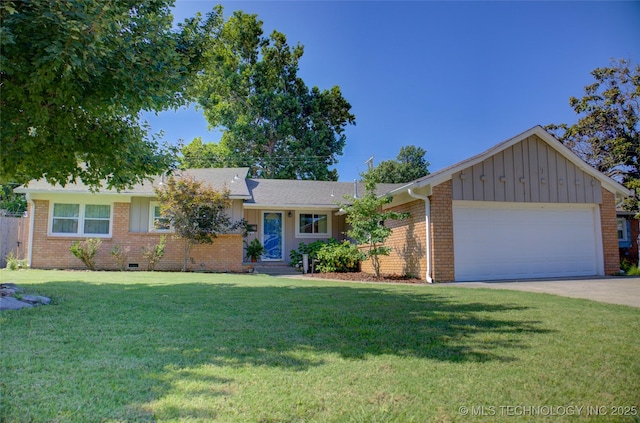 4424 E 59th Pl S, Tulsa, OK 74135 - ranch-style house with board and batten siding, a garage, a front lawn, driveway, and brick siding