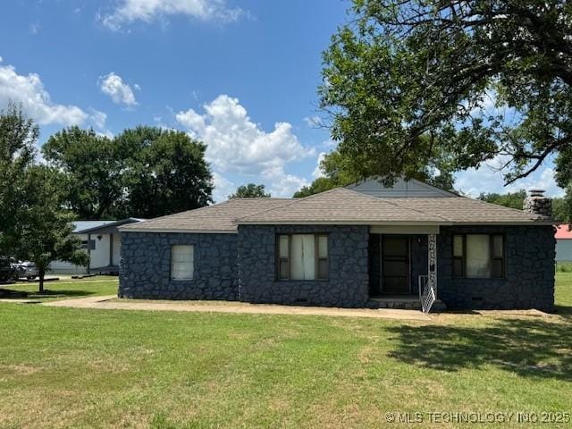 2019 W 53rd St N, Tulsa, OK 74126 - ranch-style house featuring a front yard, a chimney, stone siding, and a shingled roof