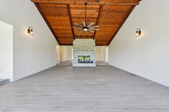 13973 S 237th E Ave, Coweta, OK 74429 - unfurnished living room with wooden ceiling, a ceiling fan, a fireplace, and wood finished floors
