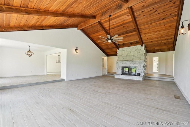 13973 S 237th E Ave, Coweta, OK 74429 - unfurnished living room with a wooden ceiling with exposed beams, a ceiling fan, a fireplace, wood finished floors, and a chandelier
