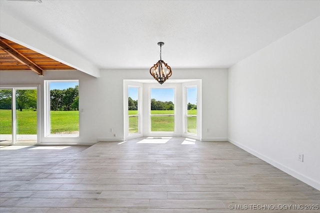 13973 S 237th E Ave, Coweta, OK 74429 - unfurnished dining area with beam ceiling, wood finished floors, and a chandelier