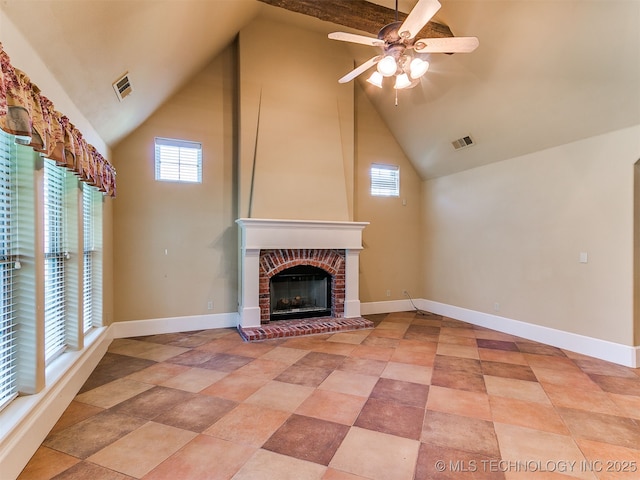 9314 S 76th E Ave, Tulsa, OK 74133 - unfurnished living room with high vaulted ceiling, a ceiling fan, and a brick fireplace