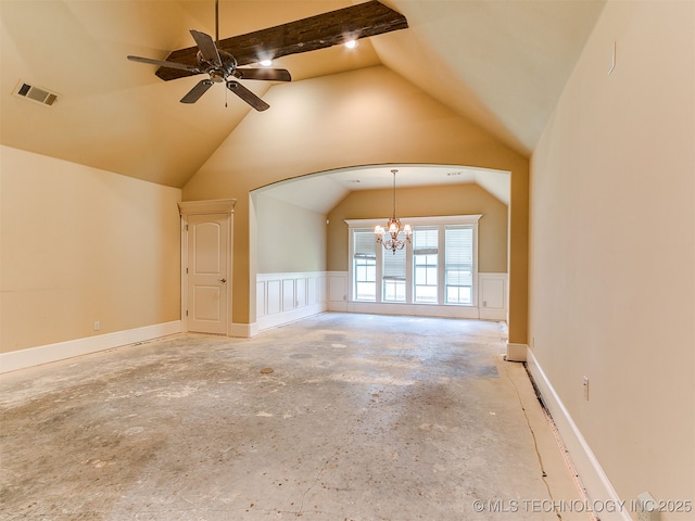 9314 S 76th E Ave, Tulsa, OK 74133 - unfurnished living room with vaulted ceiling, a ceiling fan, and a chandelier