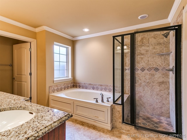 9314 S 76th E Ave, Tulsa, OK 74133 - bathroom featuring a bath, a stall shower, vanity, crown molding, and recessed lighting