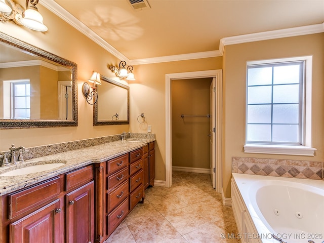 9314 S 76th E Ave, Tulsa, OK 74133 - bathroom featuring double vanity, a whirlpool tub, crown molding, and tile patterned flooring
