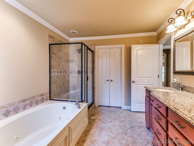 9314 S 76th E Ave, Tulsa, OK 74133 - bathroom featuring vanity, a tub with jets, a stall shower, ornamental molding, and tile patterned floors