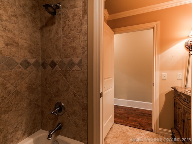 9314 S 76th E Ave, Tulsa, OK 74133 - bathroom with ornamental molding, shower / washtub combination, vanity, and wood finished floors