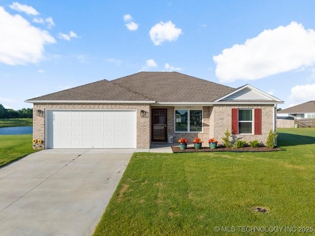 14203 N 76th Ave, Collinsville, OK 74021 - ranch-style home featuring concrete driveway, a garage, a front yard, brick siding, and roof with shingles
