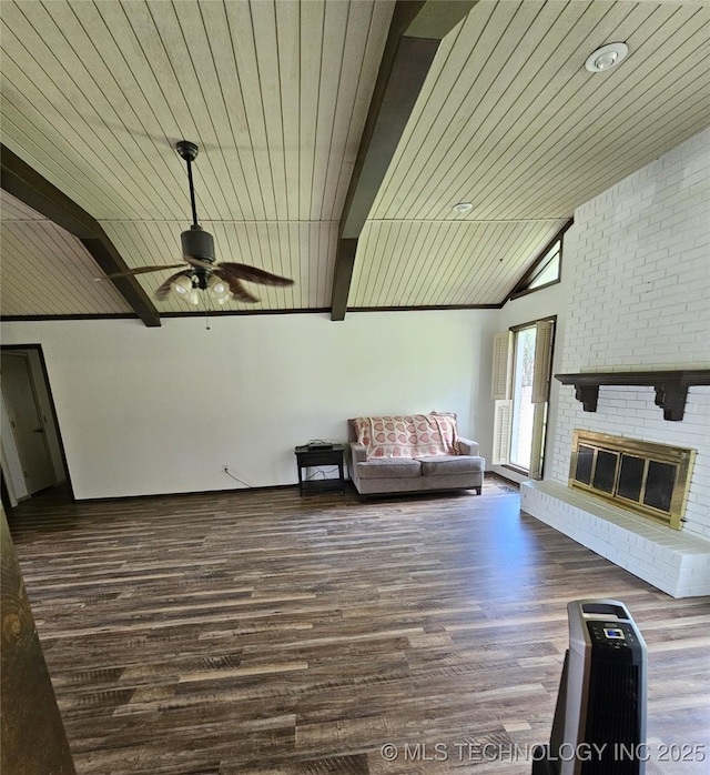 1533 Terrill Cir, Sapulpa, OK 74066 - living room with wood ceiling, ceiling fan, wood finished floors, heating unit, and a fireplace
