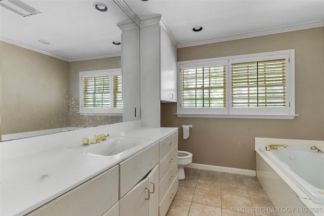 4135 S Zunis Ave, Tulsa, OK 74105 - bathroom with plenty of natural light, vanity, a garden tub, ornamental molding, and tile patterned floors