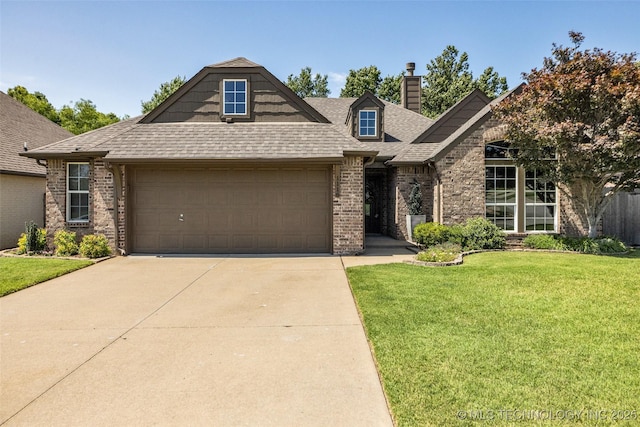 1116 W Fargo Dr, Broken Arrow, OK 74012 - view of front facade featuring an attached garage, a chimney, brick siding, a front lawn, and driveway