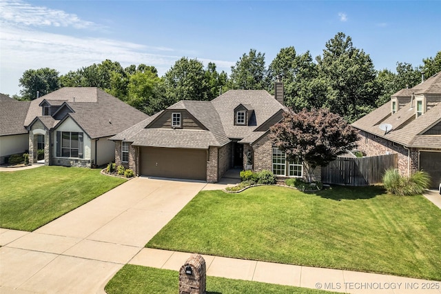 1116 W Fargo Dr, Broken Arrow, OK 74012 - view of front of house featuring a chimney, driveway, a garage, roof with shingles, and brick siding