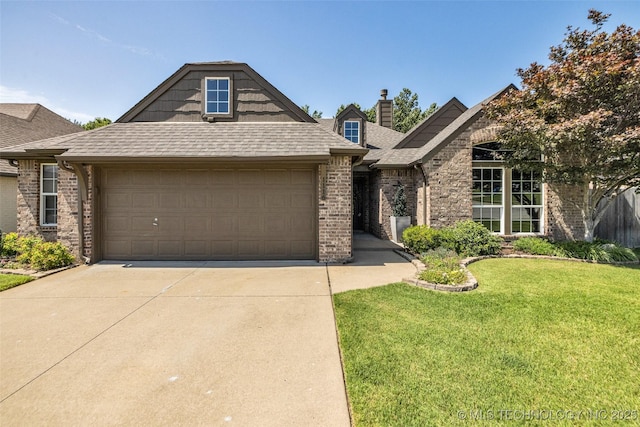 1116 W Fargo Dr, Broken Arrow, OK 74012 - traditional home featuring an attached garage, concrete driveway, brick siding, a front lawn, and a chimney