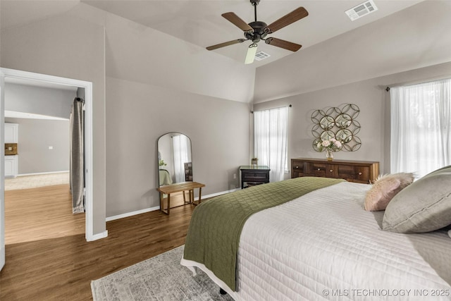 1116 W Fargo Dr, Broken Arrow, OK 74012 - bedroom with wood finished floors, high vaulted ceiling, and a ceiling fan