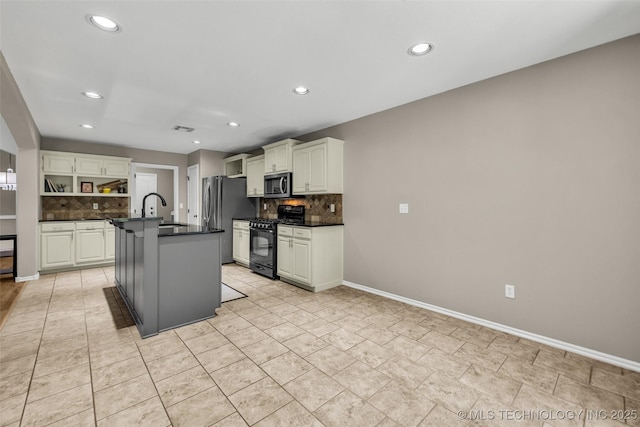 1116 W Fargo Dr, Broken Arrow, OK 74012 - kitchen with appliances with stainless steel finishes, dark countertops, backsplash, recessed lighting, and open shelves