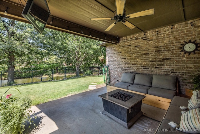 1116 W Fargo Dr, Broken Arrow, OK 74012 - view of patio / terrace featuring ceiling fan and an outdoor living space with a fire pit