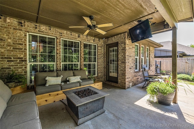 1116 W Fargo Dr, Broken Arrow, OK 74012 - view of patio / terrace with a ceiling fan and an outdoor living space with a fire pit
