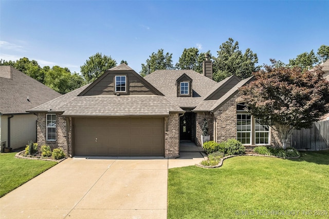 1116 W Fargo Dr, Broken Arrow, OK 74012 - view of front of home with brick siding, a garage, a chimney, roof with shingles, and driveway