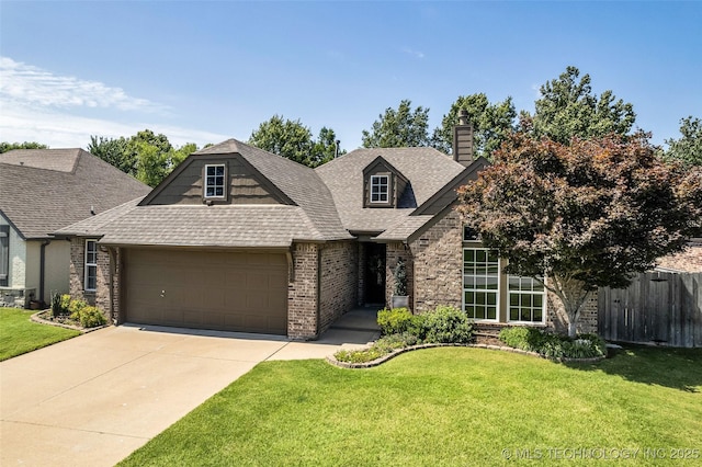1116 W Fargo Dr, Broken Arrow, OK 74012 - view of front of home featuring brick siding, a garage, a chimney, driveway, and a shingled roof