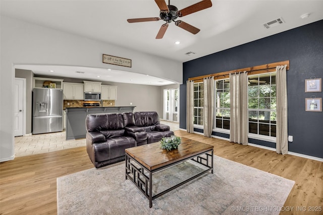 1116 W Fargo Dr, Broken Arrow, OK 74012 - living room featuring light wood-style flooring, recessed lighting, and a ceiling fan