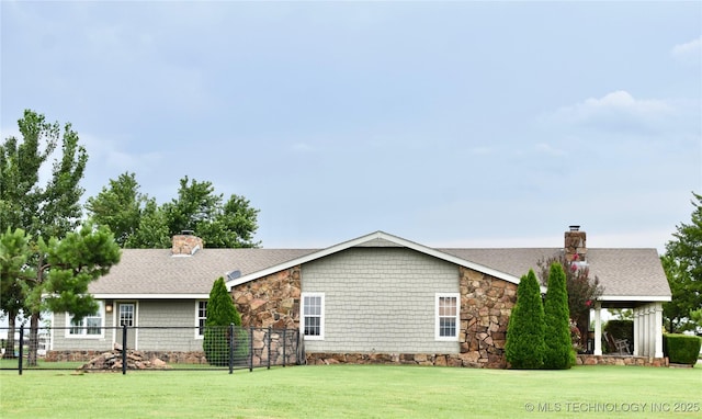 71279 S 270th Rd, Wagoner, OK 74467 - rear view of house with a chimney, stone siding, and a shingled roof
