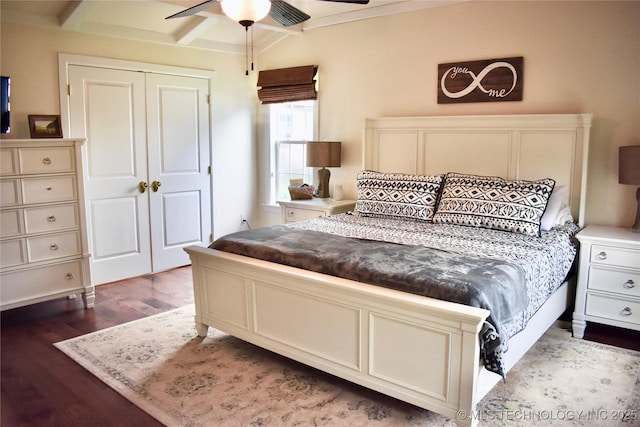 71279 S 270th Rd, Wagoner, OK 74467 - bedroom featuring wood finished floors, a closet, a ceiling fan, and beamed ceiling