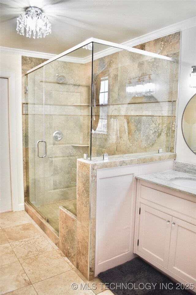 71279 S 270th Rd, Wagoner, OK 74467 - bathroom featuring vanity, a stall shower, and ornamental molding