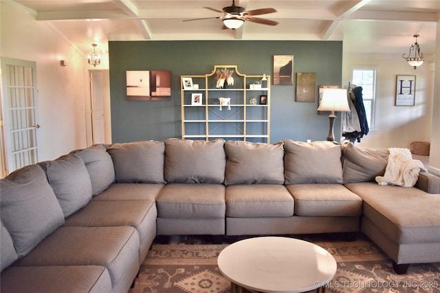 71279 S 270th Rd, Wagoner, OK 74467 - living room featuring ceiling fan, beamed ceiling, coffered ceiling, and wood finished floors
