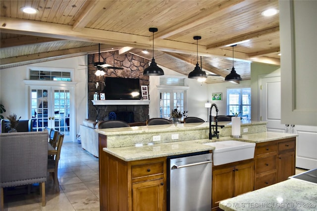 71279 S 270th Rd, Wagoner, OK 74467 - kitchen with french doors, brown cabinetry, stainless steel dishwasher, wooden ceiling, and recessed lighting