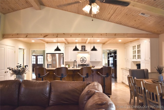 71279 S 270th Rd, Wagoner, OK 74467 - living room with wooden ceiling, a ceiling fan, recessed lighting, and light tile patterned flooring