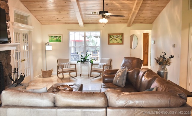 71279 S 270th Rd, Wagoner, OK 74467 - living room featuring wooden ceiling, a ceiling fan, and tile patterned floors