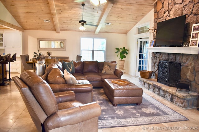 71279 S 270th Rd, Wagoner, OK 74467 - living area featuring wood ceiling, a ceiling fan, a stone fireplace, and tile patterned flooring