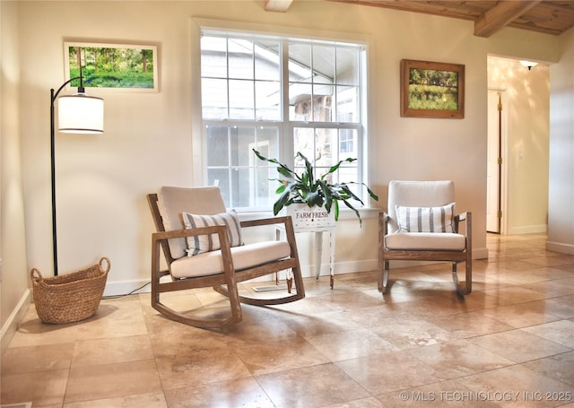 71279 S 270th Rd, Wagoner, OK 74467 - living area with baseboards and a wooden ceiling with exposed beams