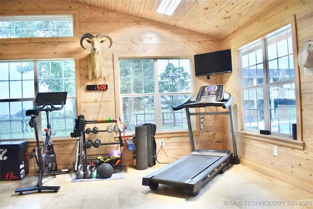 71279 S 270th Rd, Wagoner, OK 74467 - workout room featuring vaulted ceiling, wooden walls, plenty of natural light, and wooden ceiling
