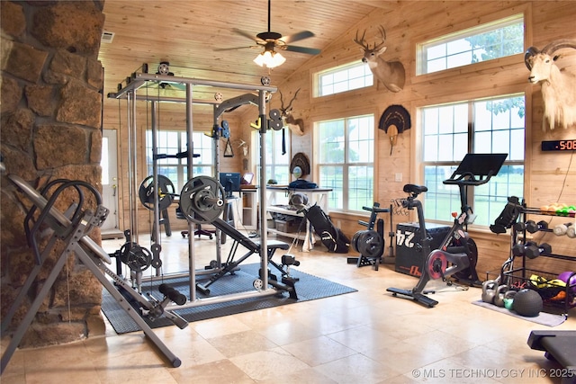71279 S 270th Rd, Wagoner, OK 74467 - exercise area with high vaulted ceiling, wood walls, wooden ceiling, and a ceiling fan