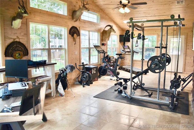 71279 S 270th Rd, Wagoner, OK 74467 - exercise area featuring wooden walls, a ceiling fan, wooden ceiling, and high vaulted ceiling