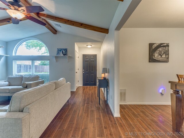 4004 S Sycamore Ave, Broken Arrow, OK 74011 - living area featuring ceiling fan and dark wood finished floors