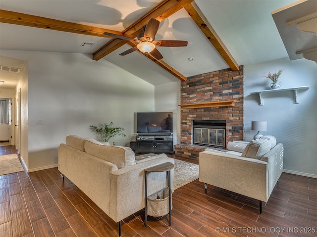 4004 S Sycamore Ave, Broken Arrow, OK 74011 - living room with dark wood finished floors, a ceiling fan, and a brick fireplace