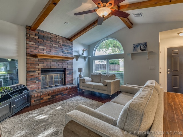 4004 S Sycamore Ave, Broken Arrow, OK 74011 - living area featuring hardwood / wood-style floors, a ceiling fan, and a brick fireplace