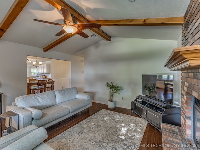 4004 S Sycamore Ave, Broken Arrow, OK 74011 - living room featuring a chandelier, a brick fireplace, ceiling fan, and dark wood finished floors