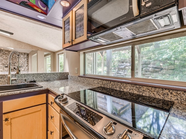 5704 E 65th St, Tulsa, OK 74136 - kitchen featuring stainless steel range with electric cooktop, glass insert cabinets, vaulted ceiling, light stone counters, and a textured ceiling
