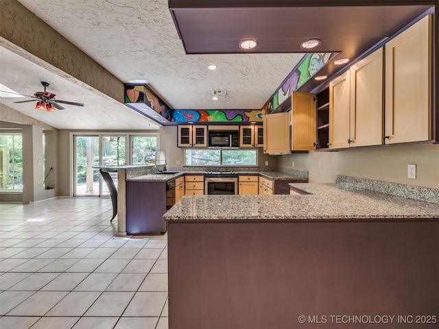 5704 E 65th St, Tulsa, OK 74136 - kitchen featuring a peninsula, open shelves, wall oven, a textured ceiling, and ceiling fan